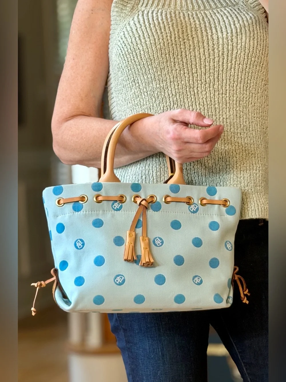 Dooney & Bourke Vintage Y2K Rare Colorway Polka Dot Tassel Satchel Tote